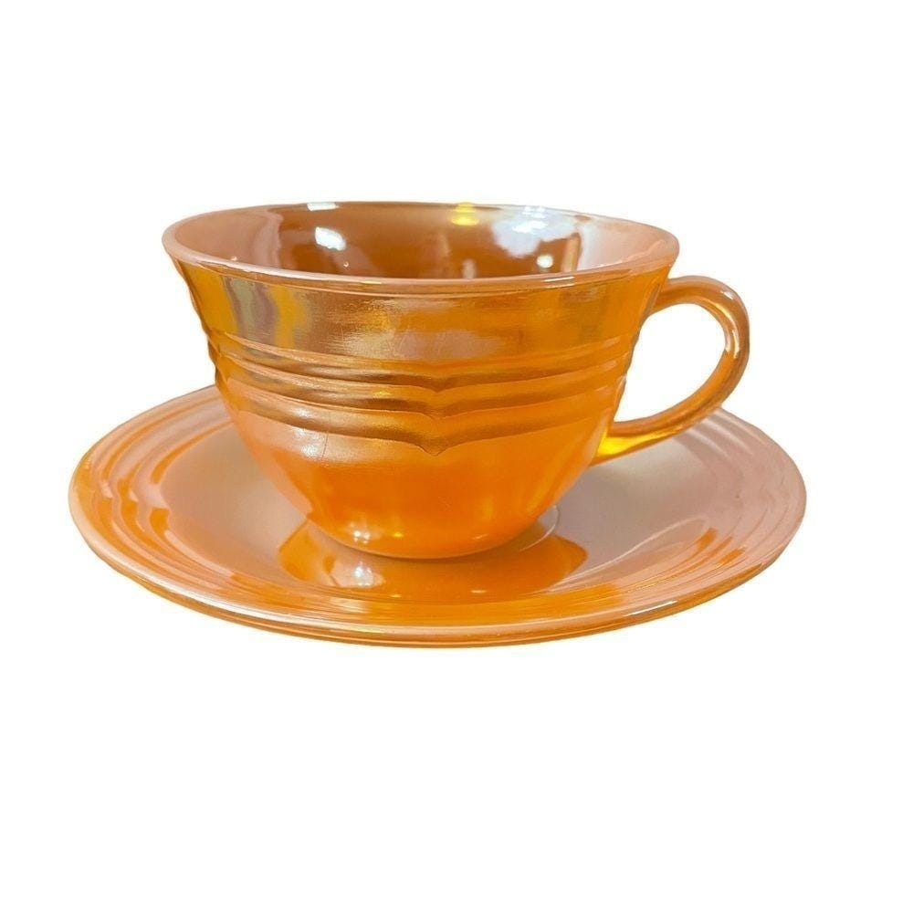 Fire-King Peach Lustre Laurel Tea Cup and Saucer Set 2pc Mid-Century Milk Glass